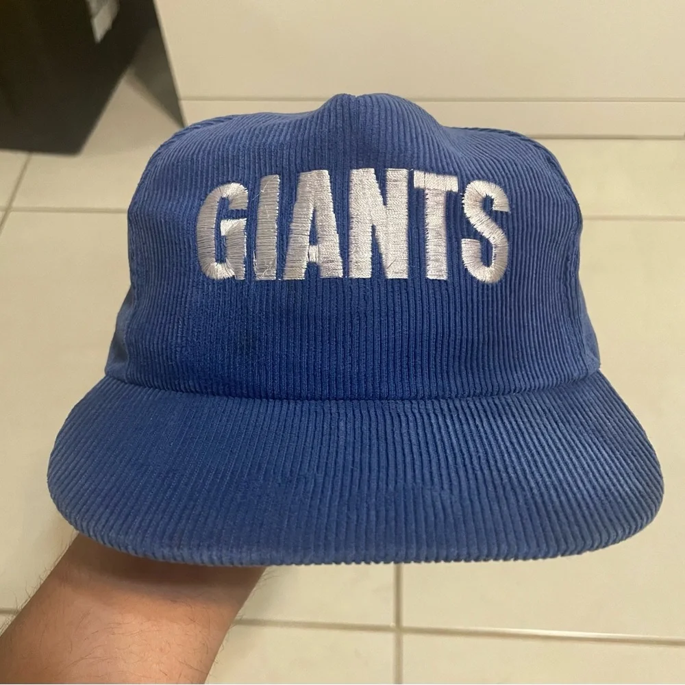 Vtg New York Giants Blue Courdoroy Spellout Script SnapBack Hat Cap